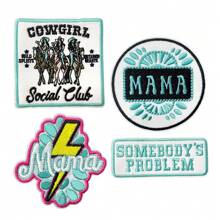 4pcs Light Blue "MAMA" Fashionable Iron-On Embroidery Patches, Heat Transfer Stickers, Suitable For DIY Clothing Decoration Accessories, Mending Patches, Handmade Craft For Hat, Cap, Trucker Hat