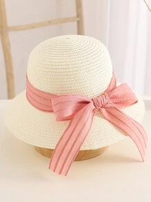 1 件装女孩可爱公主粉色蕾丝蝴蝶结草编太阳帽，公主风格防紫外线沙滩帽，适合日常佩戴 - 絲帶 - 查看 11