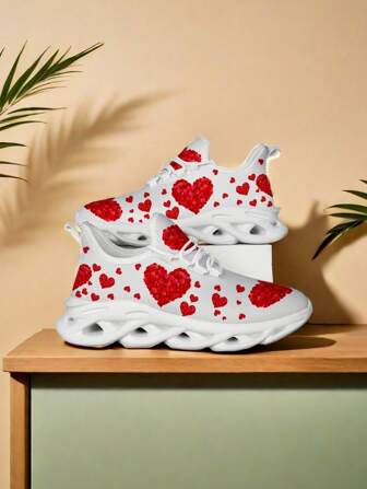 Women's Breathable Lightweight Comfortable New Knitted Mesh Round Toe Lace-Up Flat Heart-Shaped Running Shoes For Couples, Youth Outdoor Walking Date Birthday Party, Spring/Summer, Red & White