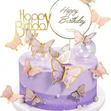 50 Pieces Butterfly Cake Decorations With Happy Birthday Acrylic Cake Toppers For Shower Wedding Birthday Party Decor (Purple & Pink)