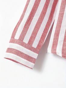 Men's Cotton Linen Striped Long Sleeve Shirt With Color Block, Ideal For Spring And Fall, A Comfortable And Casual Option As A Gift - Đỏ - Xem 5