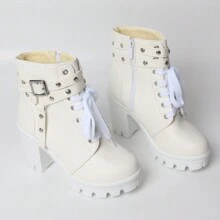 Goth Chunky Platform Boots For Women High Heel Black Ankle Booties Rivets Punk Combat Boot Shoes - trắng - Xem 6