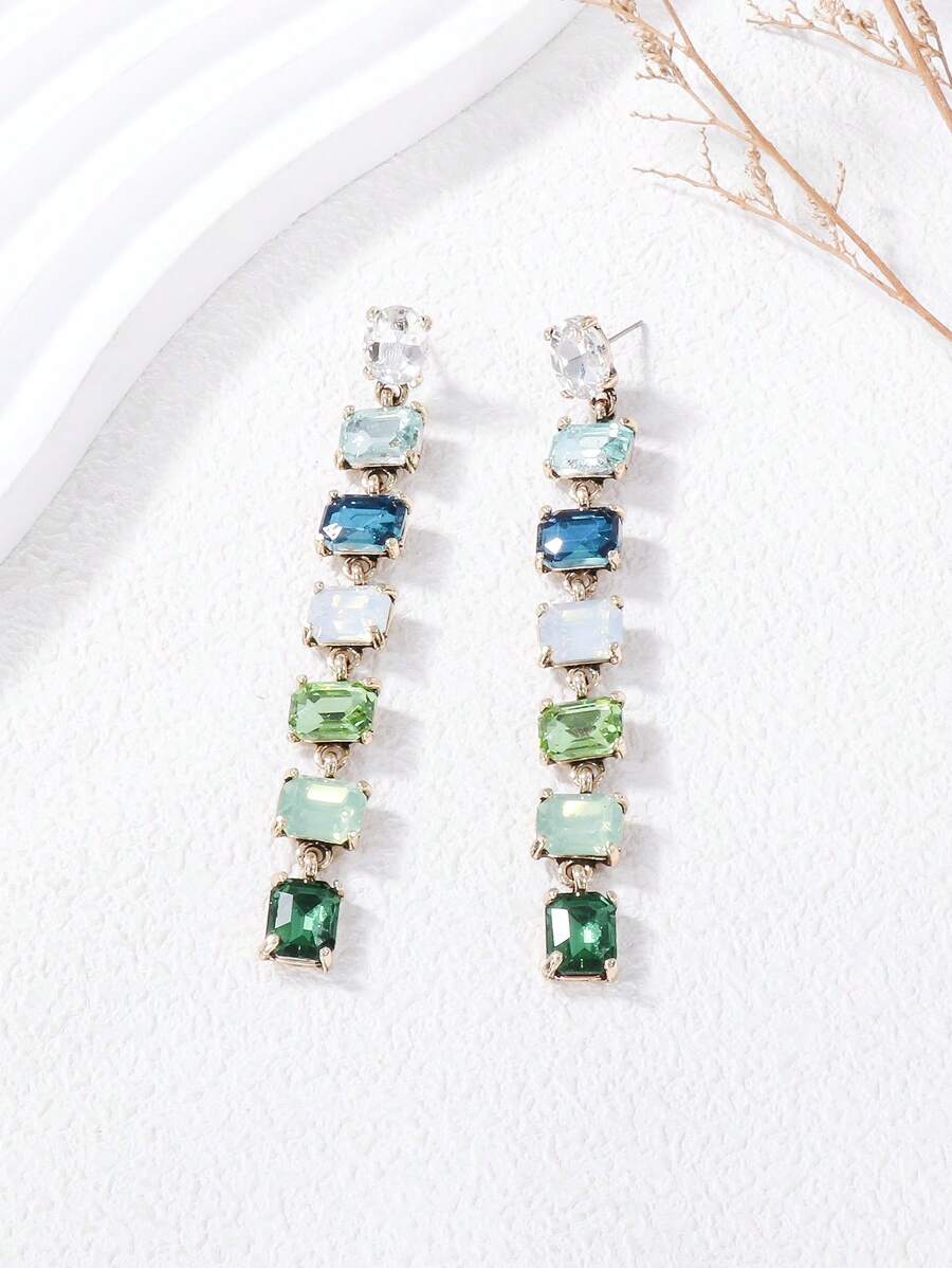 juran 1 对长款玻璃水晶水钻优雅女士耳环适合约会 - 綠色 - 查看 1