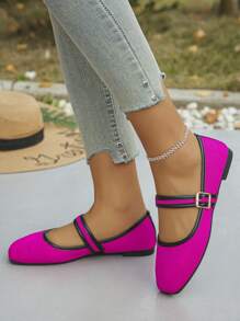 Plus Size 35-43 Retro Mary Jane Shoes, New Spring/Summer Fashion Versatile Strap Soft Bottom Flat Shoes, Comfortable & Casual Daily Wear, Square Toe Ballet Flats, Magenta