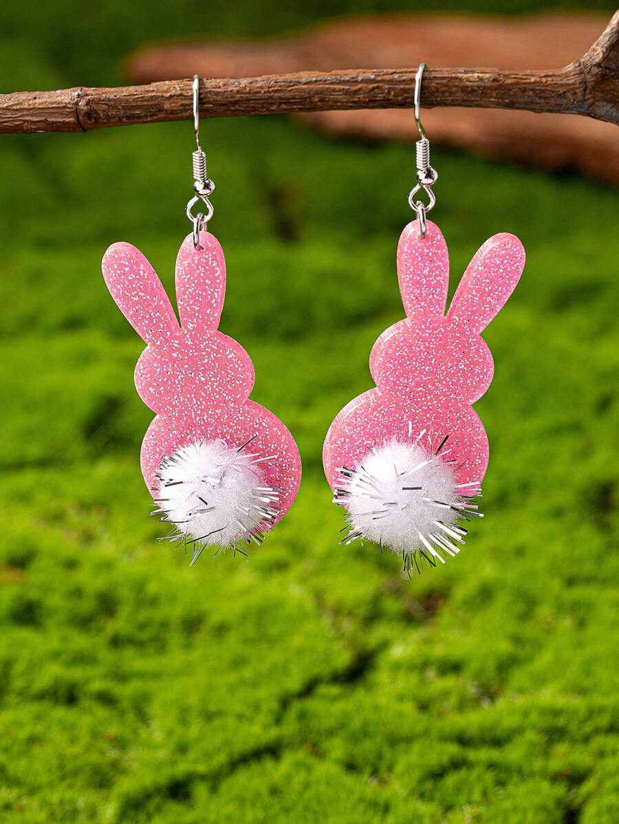 1 Pair Glitter Acrylic Cute Bunny With Pom Pom Tail Rabbit Easter Day Earring - Pink - View 1
