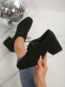 2025 Autumn/Spring New Korean Version British Style Shoes, Comfortable Thick Heel Lace-Up Round Toe Suede Women Flats - Black - View 1