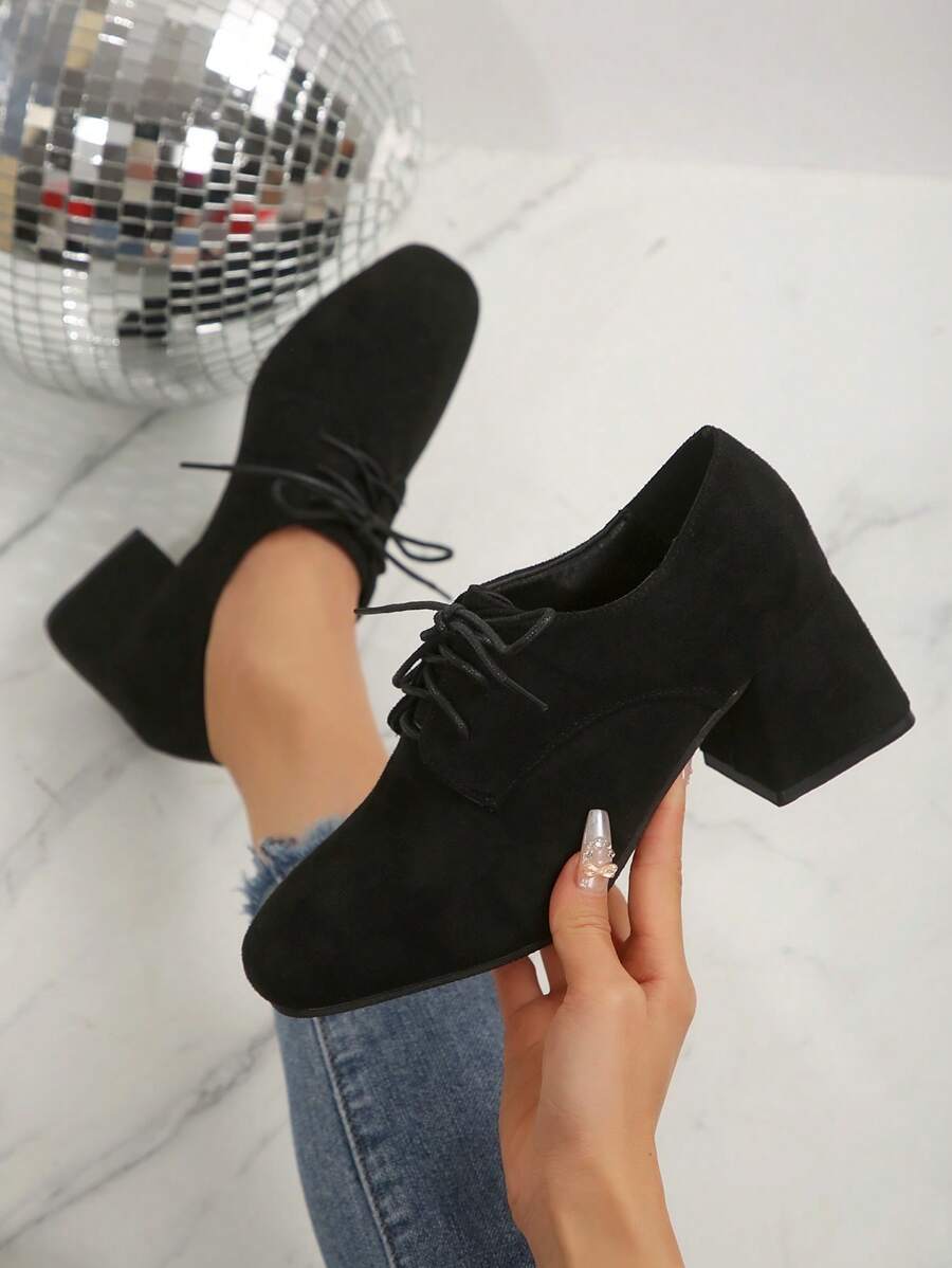 2025 Autumn/Spring New Korean Version British Style Shoes, Comfortable Thick Heel Lace-Up Round Toe Suede Women Flats - Black - View 1