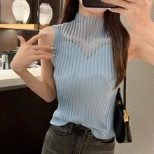 Women's Knitted Beach Top - Blue - View 2