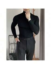 Ribbed Turtleneck Long Sleeve T-Shirt - 黑色 - 查看 1
