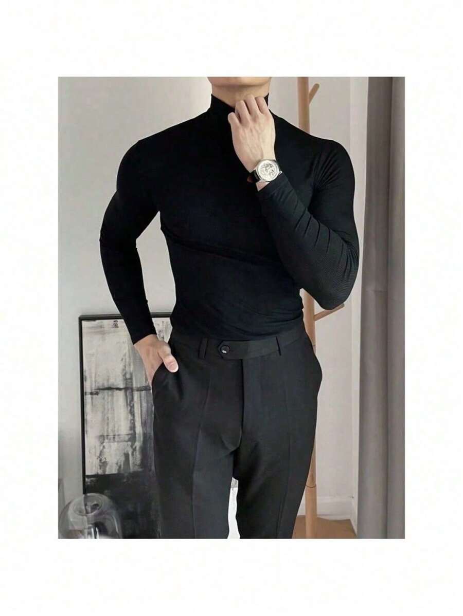 Ribbed Turtleneck Long Sleeve T-Shirt - 黑色 - 查看 1