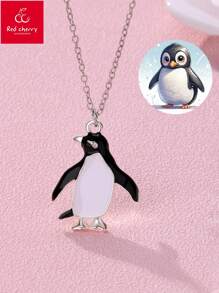 1 pieza Collar con colgante de aleación de zinc con esmaltado blanco y negro de pingüino para niñas, joyería linda de uso diario con cadena de plata