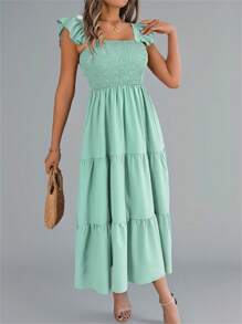 New Summer Square Neck Mint Green Dress Tiered Smocked Backless Sleeveless Pure Color Midi Slip Beach Cover Up Resort Ready Womens Vacation Sundress - Màu xanh Bạc hà - Xem 3