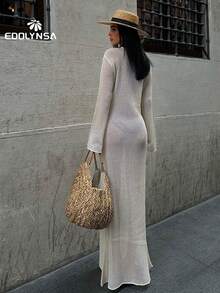 Đầm Maxi Dự Tiệc Đi Biển Dài Tay Loe Cổ Chữ V Lưới Đan Mùa Hè Gợi Cảm - Màu be - Xem 3