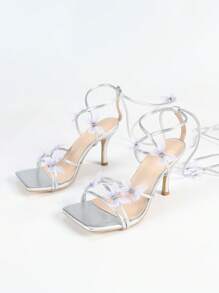 Women's Square Toe Lace Up Silver High Heel Sandals, Sexy Vacation Style Elegant Platform Shoes - Silver - View 7