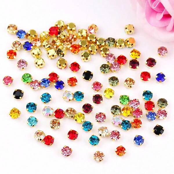 100/200 pièces Perles de décoration strass cousues faites à la main en verre scintillant fantaisie de forme ronde de 3mm-8mm avec dos plat en base dorée avec trous, pierres brillantes avec paillettes, accessoires de DIY pour coudre sur des vêtements, robes, sacs, chaussures, broches, boucles d'oreilles, artisanat