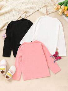 3 stuks/set meisjes mode casual vlinder grafische gebreide ronde hals lange mouw t-shirt, geschikt voor bovenkleding, lente en herfst