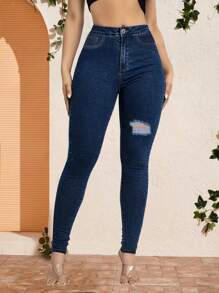 High Elastic Blue Denim Skinny Jeans Slim Fit Slant Pockets Casual Skinny Jeans Denim Jeans Women Clothing - Dusty Blue - View 1