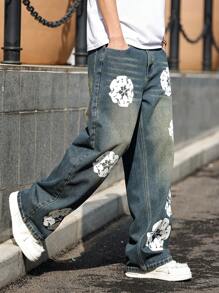 HEHCN Men's Floral Print Pockets Casual Loose Fit Y2K Retro Wide Leg Blue Jeans, Emo Style