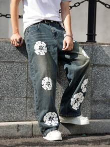 HEHCN Men's Floral Print Pockets Casual Loose Fit Y2K Retro Wide Leg Blue Jeans, Emo Style