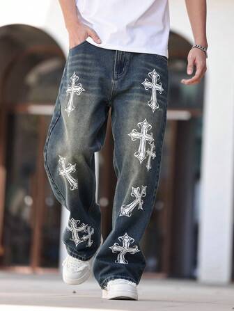 Jeans casuales holgados con bolsillos y estampado de cruz para hombres, pantalones vaqueros de pierna ancha de estilo vintage Y2K azul, estilo emo