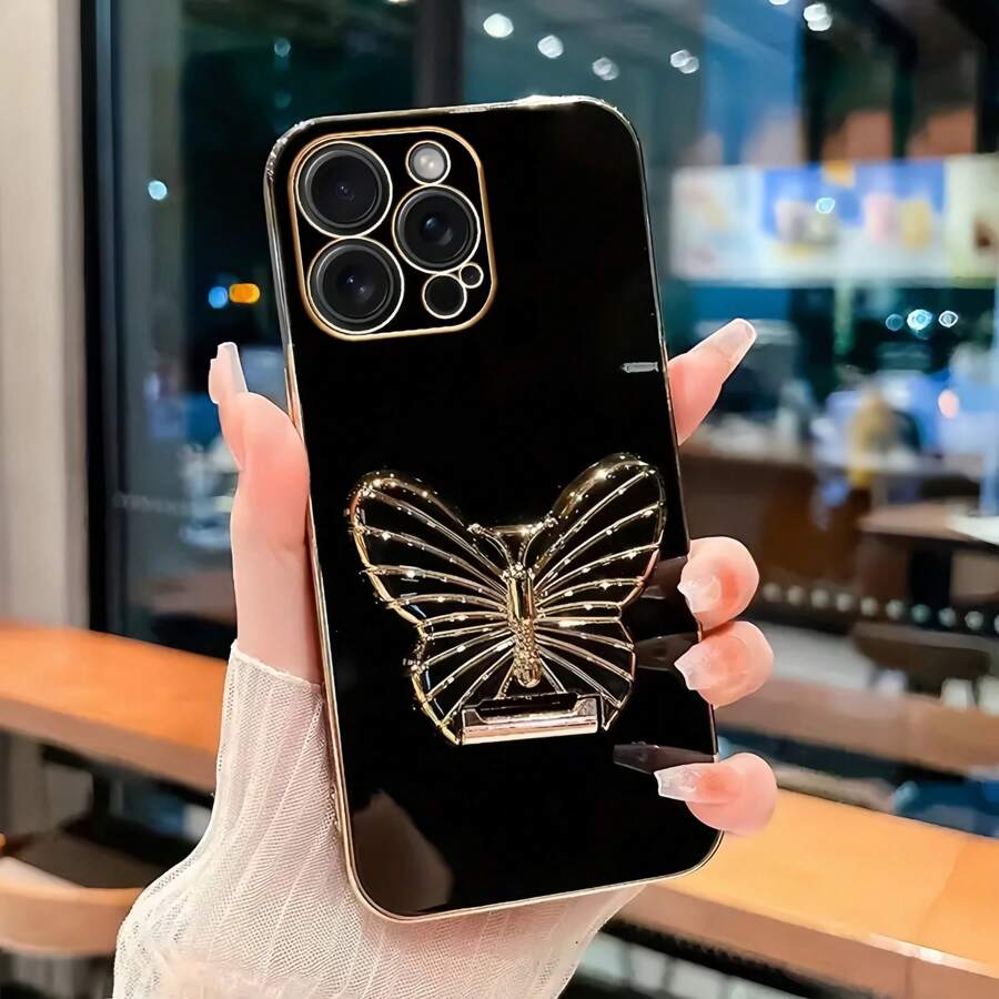 1pc Straight-Edge Textured Sliding Butterfly Bracket Phone Case Compatible With Iphone 16 Pro Max / Galaxy S24 Ultra / Edge 30 / Infinix Smart 8 / Infinix Hot 40i / Tecno Spark 20 / Tecno Spark 20C / Tecno Spark Go 2024 / Redmi Note 13 Pro+ / Honor X8