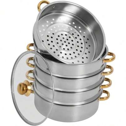 SENDERPICK Pentola a pressione in acciaio inox a 5 livelli da 26/28/30 cm con coperchio in vetro, oro/argento, adatta a fornelli a gas, a induzione ed elettrici, pentole di terracotta, ecc. (oro/argento, 28 cm) [Un bel regalo per la tua famiglia e i tuoi amici]