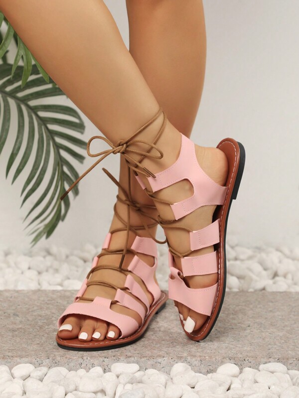 Plus Size Women Boho Style Fashion Lace-Up Flat Sandals, Pattern, Pink, Suitable For Travel & Vacation