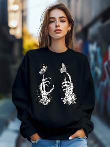 Women's Butterfly Letter Flowers Cool Style Print Sweatshirt Pullover Fall Loose Fashion Long Sleeve Crew Neck Sweatshirt Casual Comfy Clothes - Black - View 1