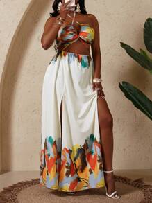 Women's Tie-Dye Print Backless Halter Dress, High Split Dress Bea Chwear Vacation Outfits Woman, Beach Outfits For Woman, Tropical Vacation Woman Clothes, Sundresses For Vacation