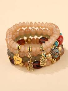 4 件波西米亚风格复古印花串珠手链首饰套装，适合女士 - 彩色 - 查看 15