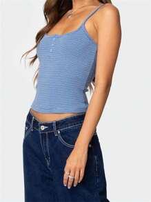 Women's Cropped Button Cami Tops Sleeveless Open Back Square Neck Striped/Floral Tank Tops - Trời xanh thẳm - Xem 5
