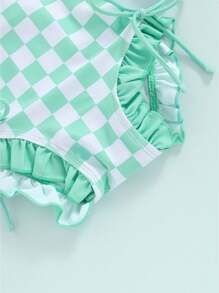 Girls Bikini Beach Swimwear Long Sleeve Checkerboard Print Ruffle Romper Bathing Suit - Verde - Ver 8