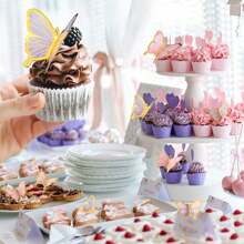 50 Pieces Butterfly Cake Decorations With Happy Birthday Acrylic Cake Toppers For Shower Wedding Birthday Party Decor (Purple & Pink)