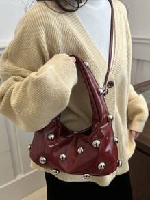 New Ladies Fashion Rivet Shoulder Bag, Y2k Sweet Cool Women's Bag, Street Solid Color Casual Armpit Bag, Adjustable Shoulder Strap Crossbody Bag, Suitable For Commuting, Work, Daily Use - Red - View 3