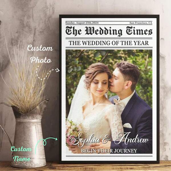 Custom Photo The Wedding Times Wall Art Decor, Custom Picture Poster For Couples, Newspaper Valentine's Day Gifts For Her Him, Gift For Her Him, Gift For Husband Wife, For Bathroom, Bedroom, Office, Living Room, Wall Decor