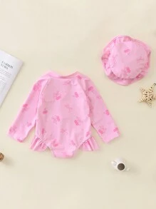 Rash Guard Swimsuits With Hat 2 Pcs Set Bow Pattern Zip Up Long Sleeve Crew Neck Baby Girls Swimwears - 紫色 - 查看 4