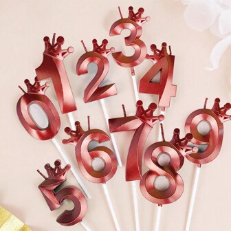1 Pc Red Crown Shaped Happy Birthday 0-9 Number Candle, New Year & Graduation Celebration Cake Decoration, Special Occasion Congratulatory Cake Topper