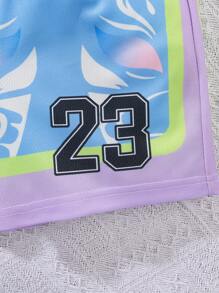 2pcs/Set Boys' Basketball Sports Outfit, Short Sleeve Shirt And Shorts, Casual Comfort Blue-Pink-Purple Gradient Design, Basketball No.23 Print, Suitable For Sports And Outdoor Wear