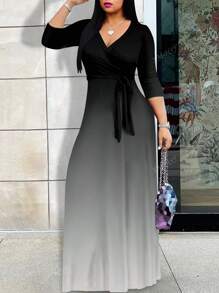 Vestido de manga larga y cuello en V profundo para mujer talla grande, de tela de punto elegante con estampado posicionado, atuendo de verano para vacaciones de mujer