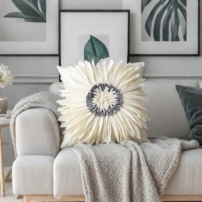 غطاء وسادة تزييني فاخر مزخرف بزهور ثلاثية الأبعاد من الفلوكس ، قطعة واحدة