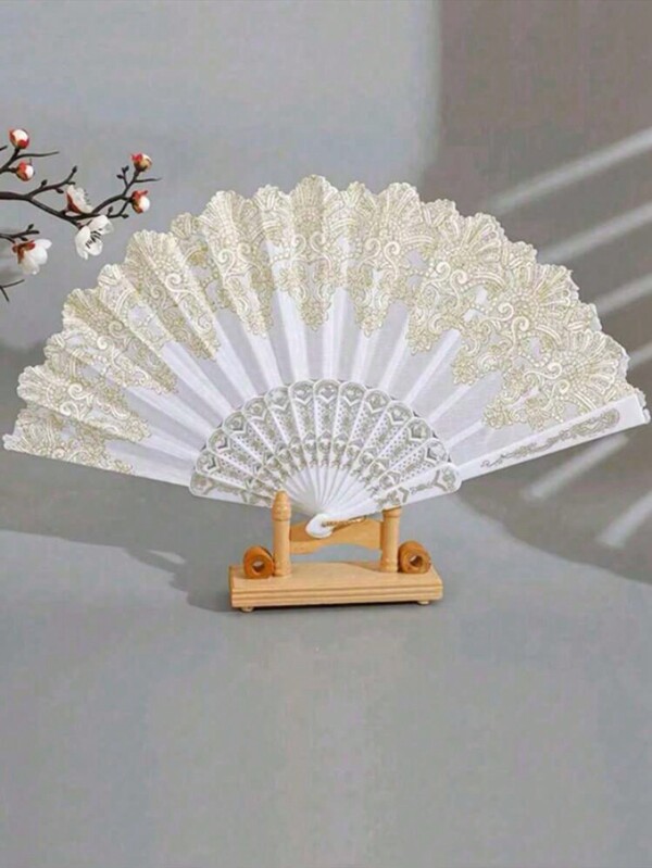 1 pieza Abanico plegable blanco de mujer con patrón de flores doradas, adecuado para baile, moda u ocasiones elegantes como Halloween
