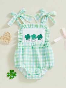 Baby Summer Rompers Ruffles Plaid Pattern Four-Leaf Clover Bunny Love Heart Embroidery Sleeveless Newborn Jumpsuit - Green - View 1