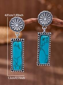 MONLOTTI 1 Pair Vintage Western Country Retro Style Turquoise Geometric Rectangle Patchwork Earrings, Bohemian Jewelry For Women, Suitable For Daily Wear, Festivals, Parties/Jewelry Gift
