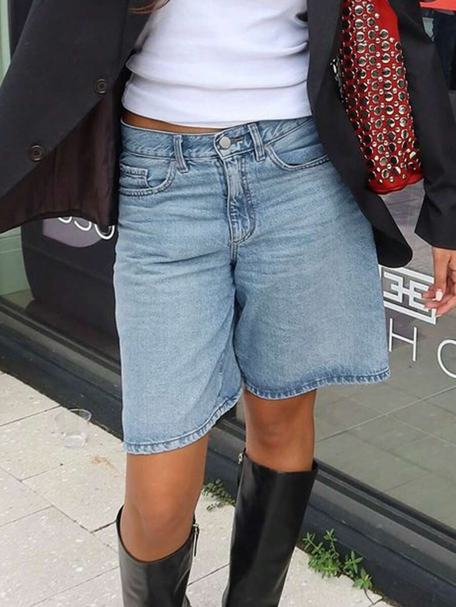 Y2K街头风中腰宽松斜插口袋阔腿百慕大牛仔短裤，春夏款 - 藍色 - 查看 1