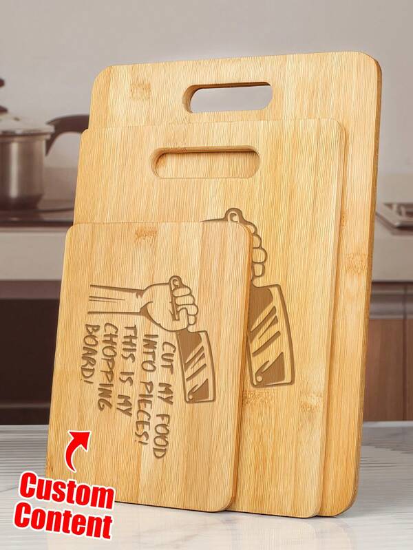1PC Bamboo Chopping Boards And Wooden Cutting Boards With Interesting And Personalized Custom Text. They Are Bamboo-Wood Cutting Boards For The Kitchen, Suitable For Food Preparation, Chopping, Carving Meat, Fruits And Vegetables.