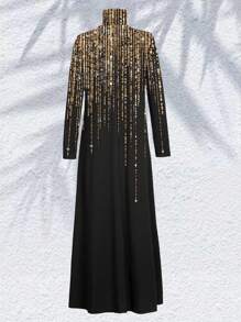 女式高领连衣裙长袖宽松及地长度斋月长袍，端庄