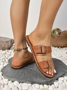 Ladies' Buckle Decorated Elegant Brown Flat Sandals,Beach Outfits,Summer Outfits - Brown - View 5