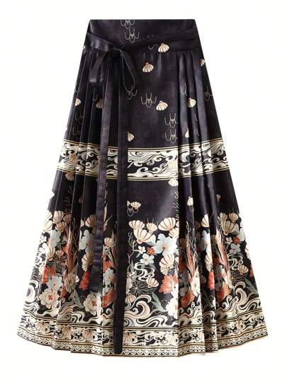 Women's Horse Face Skirt Elegant Phoenix Character Flower Print Pleated Tie Up A-Line Long Swing Skirt National Clothing