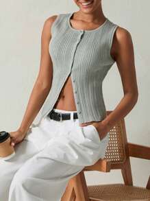 Women's Ribbed Knit Tank Tops Slim Solid Color Button Down Round Neck Sleeveless Shirt For Summer