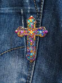 One Piece, Creative And Fashionable Colorful Crystal Pattern Cross Brooch, 2D Acrylic Brooch, Chic Lapel, Suitable For Men And Women's Suit Brooch, Sweater Scarf Coat Accessories, Party Birthday Gift